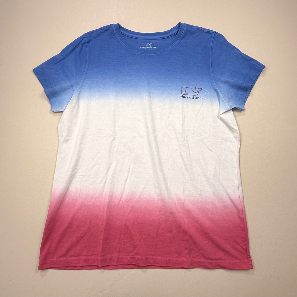 Vineyard Vines Ombre Whale Logo Tee Pink White Blue Coastal Preppy Large